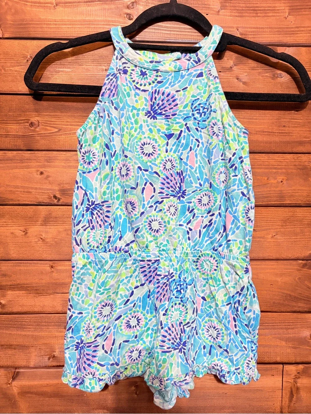 Girls' Blue Ibiza Open Water Turtle Print Halter One-Piece Romper 6-7 M